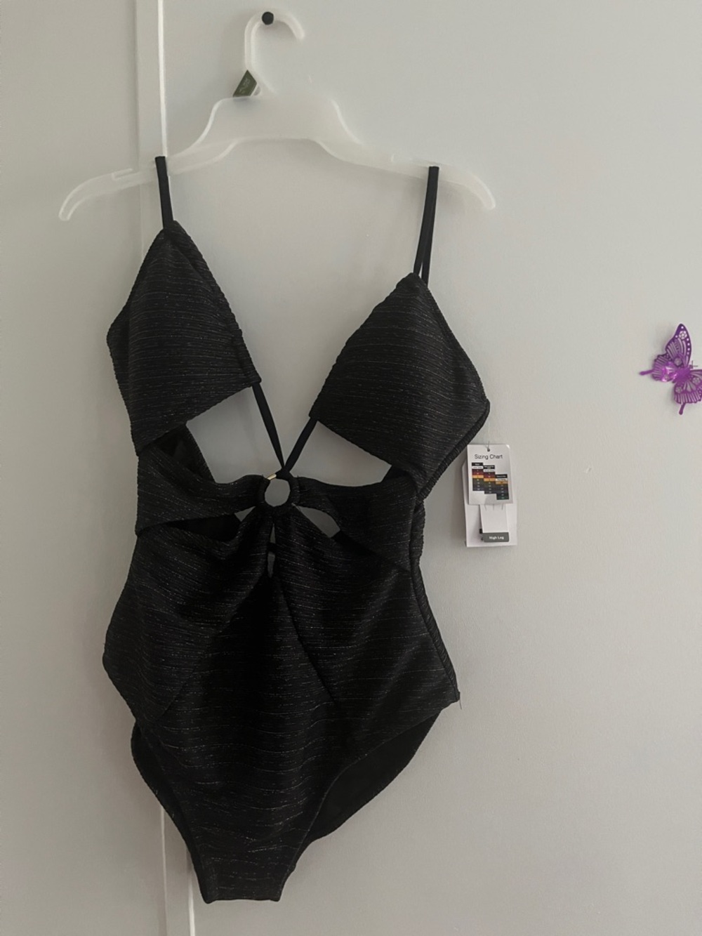 Black Sparkle One-Piece Swimsuit with Ring Detail